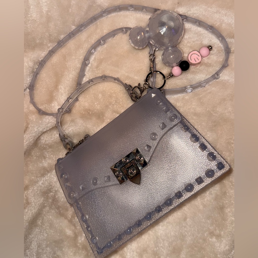 Viral Trendy Clear Jelly Silver Trim Rivet Studded Handbag Crossbody Bag Y2K - Picture 6 of 9